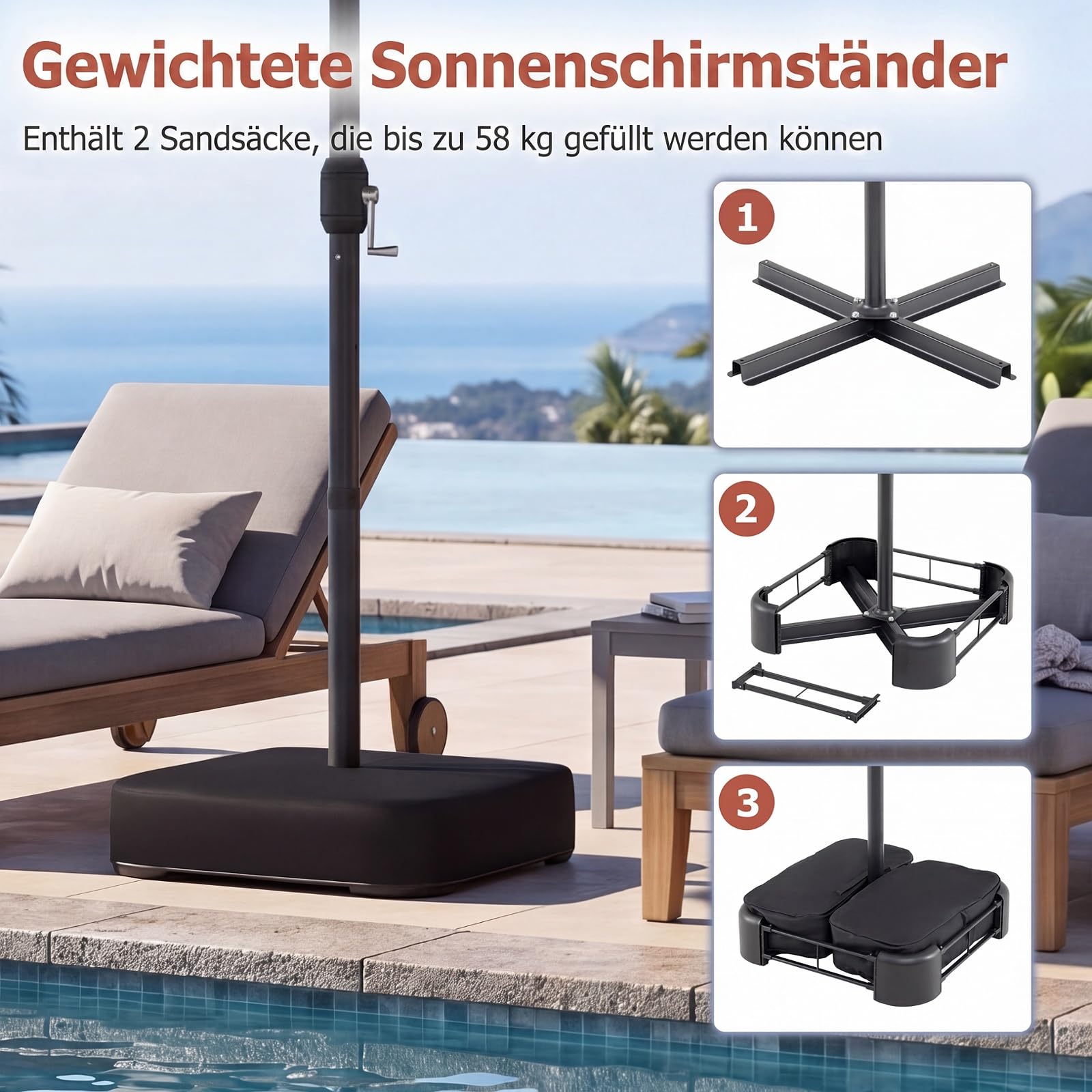RELAX4LIFE Doppelsonnenschirm mit Ständer & LED-Solar-Beleuchtung, 450 x 260 cm, extra großer Sonnenschirm, UPF 50+, Gartenschirm mit Kurbel, Marktschirm Sonnenschutz für Garten & Terrasse (Orange)
