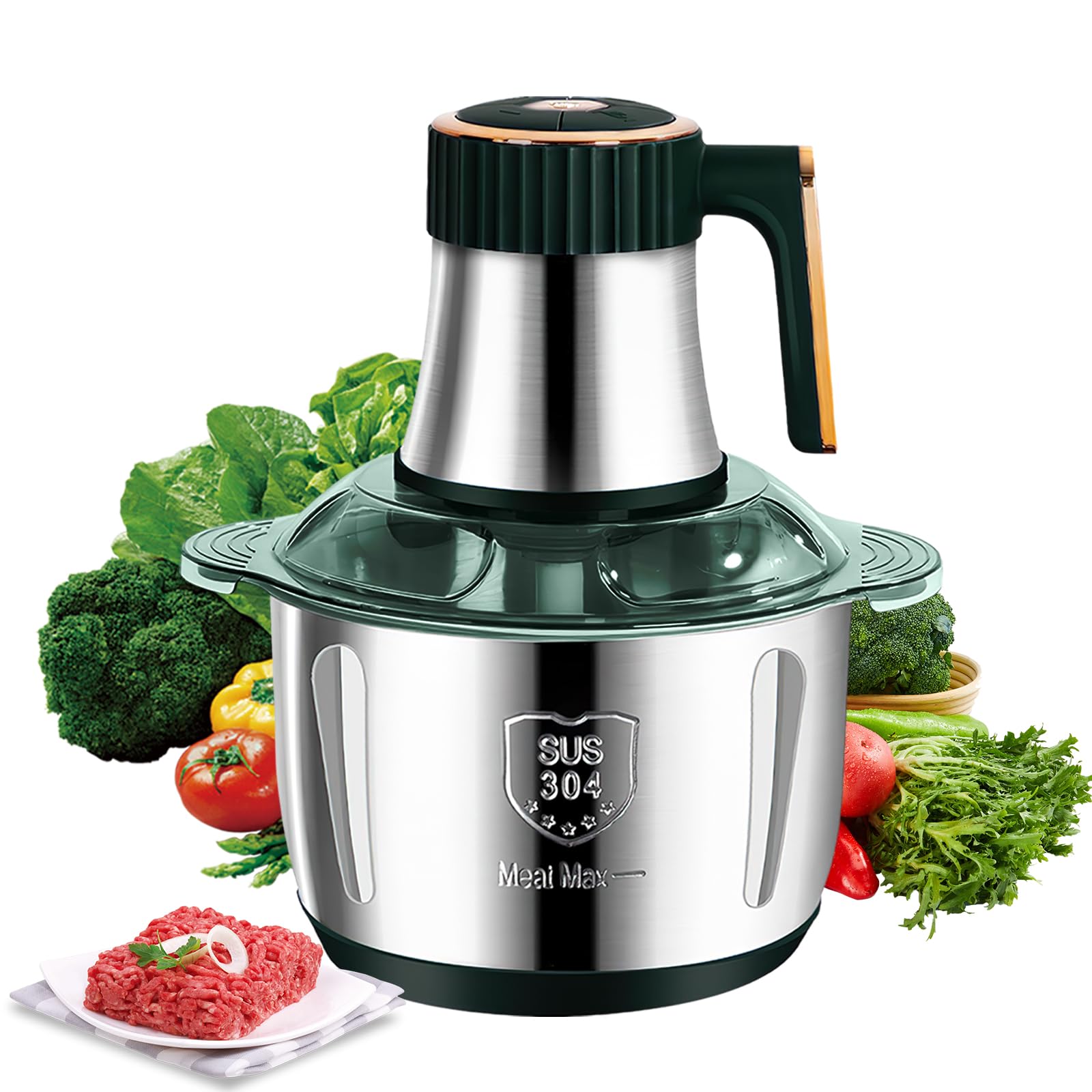 Hachoir à Viande Électrique 5L en Acier Inoxydable, 500W Mixeur Multifonction avec 3 Vitesses, 5 Lames Cyclone Robustes, Robot Culinaire pour Viande, Légumes, Noix et Aliments Bébé (Vert) - 2