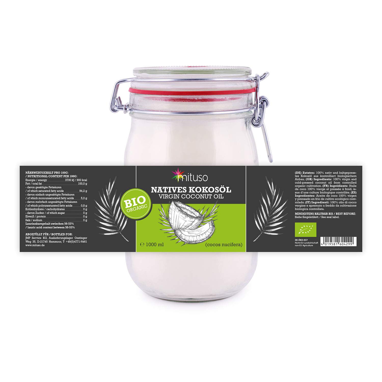 mituso Bio Kokosöl, nativ, 3er Pack (3x 1000ml) im Bügelglas