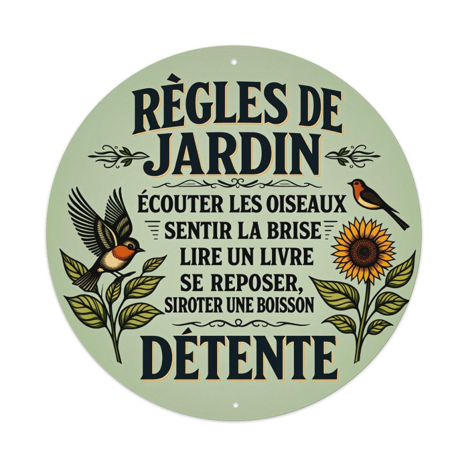 Garden Rules Birds Sunflower Leaves Round Tin Sign Vintage Style Metal Sign Home Bar Garden Wall Plaque Decor Metal Poster 8x8 Inch