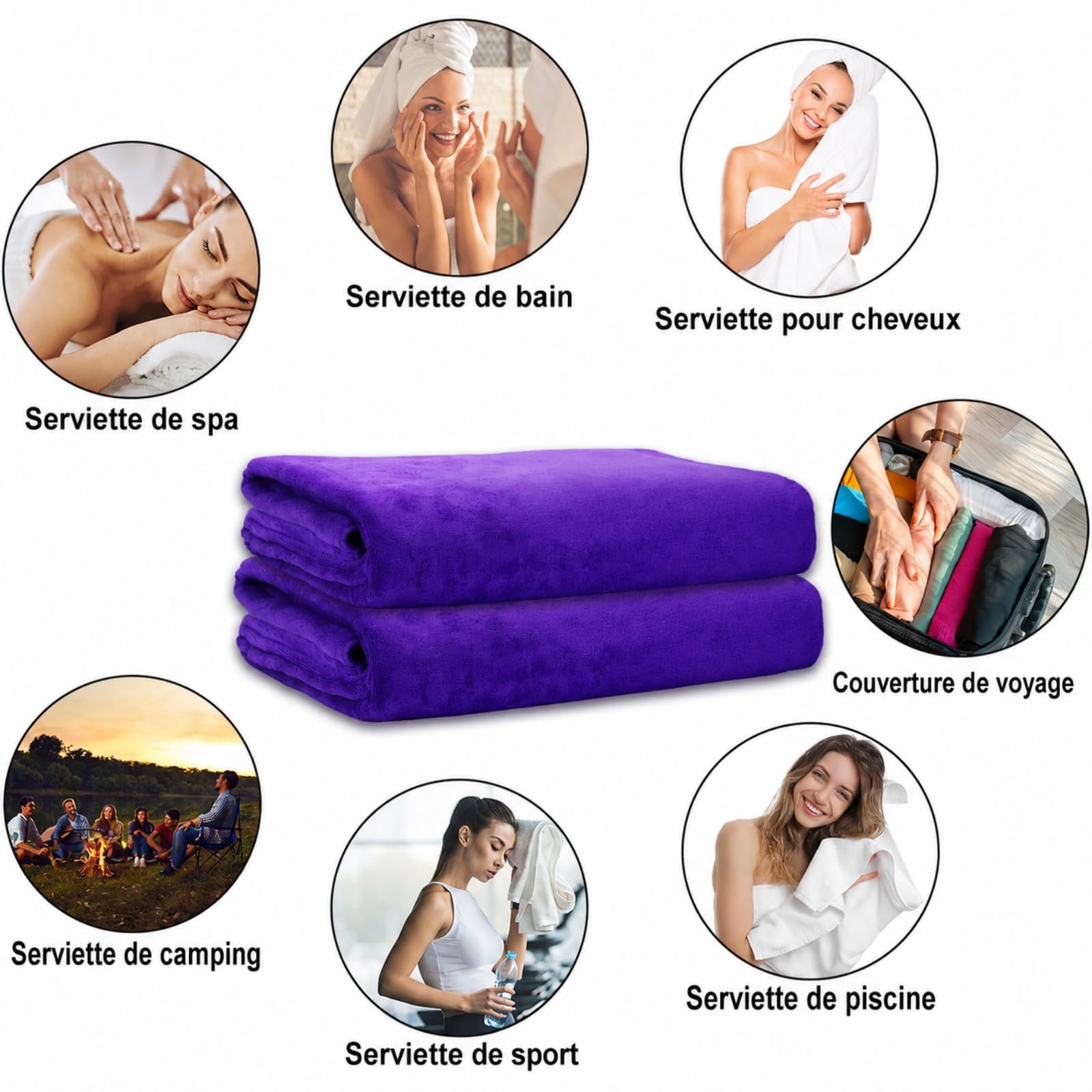 Lot de 2 Grands Draps de Bain XXL en Microfibre 102x203 cm, Serviette de Bain Extra Large à Séchage Rapide, Grande Serviette Absorbante pour Spa, Salle de Sport, Hôtel, Plage et Voyage (Violet Foncé)