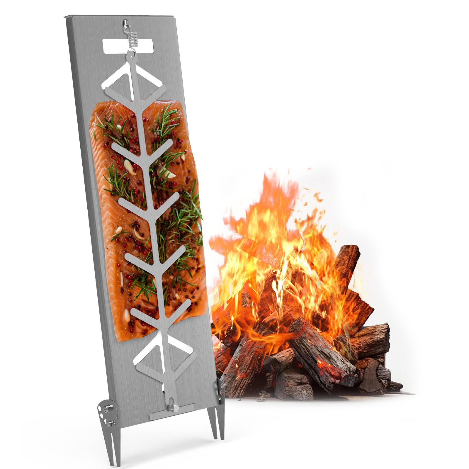 Flammlachsbrett | Extra breit 18cm Fisch Grillhalter Edelstahl | Grillzubehör für Feuerschale und Kugelgrill mit Wandstärke bis Weniger als 8mm | Flammlachshalter | Flammlachsbretter