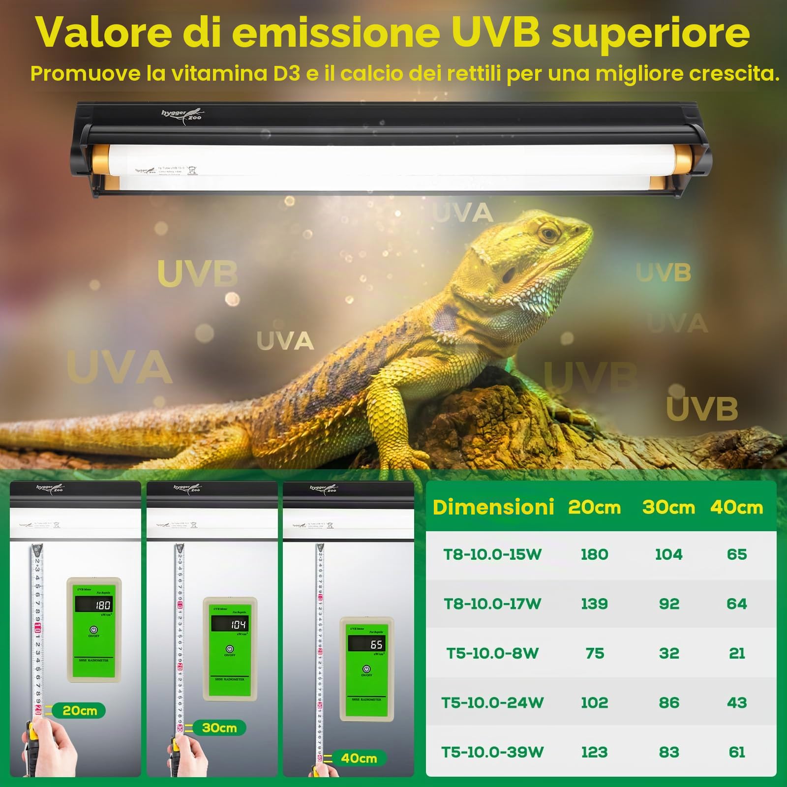 T5 UVB Rettile Lampada HO UVB Illuminazione Combo Kit di Illuminazione 10.0 UVB Luce per Rettili Terrari Cappuccio con 8W Rettile Barra di Luce UVA UVB Deserto Lampada per Barbuto Drago Tartaruga Tank