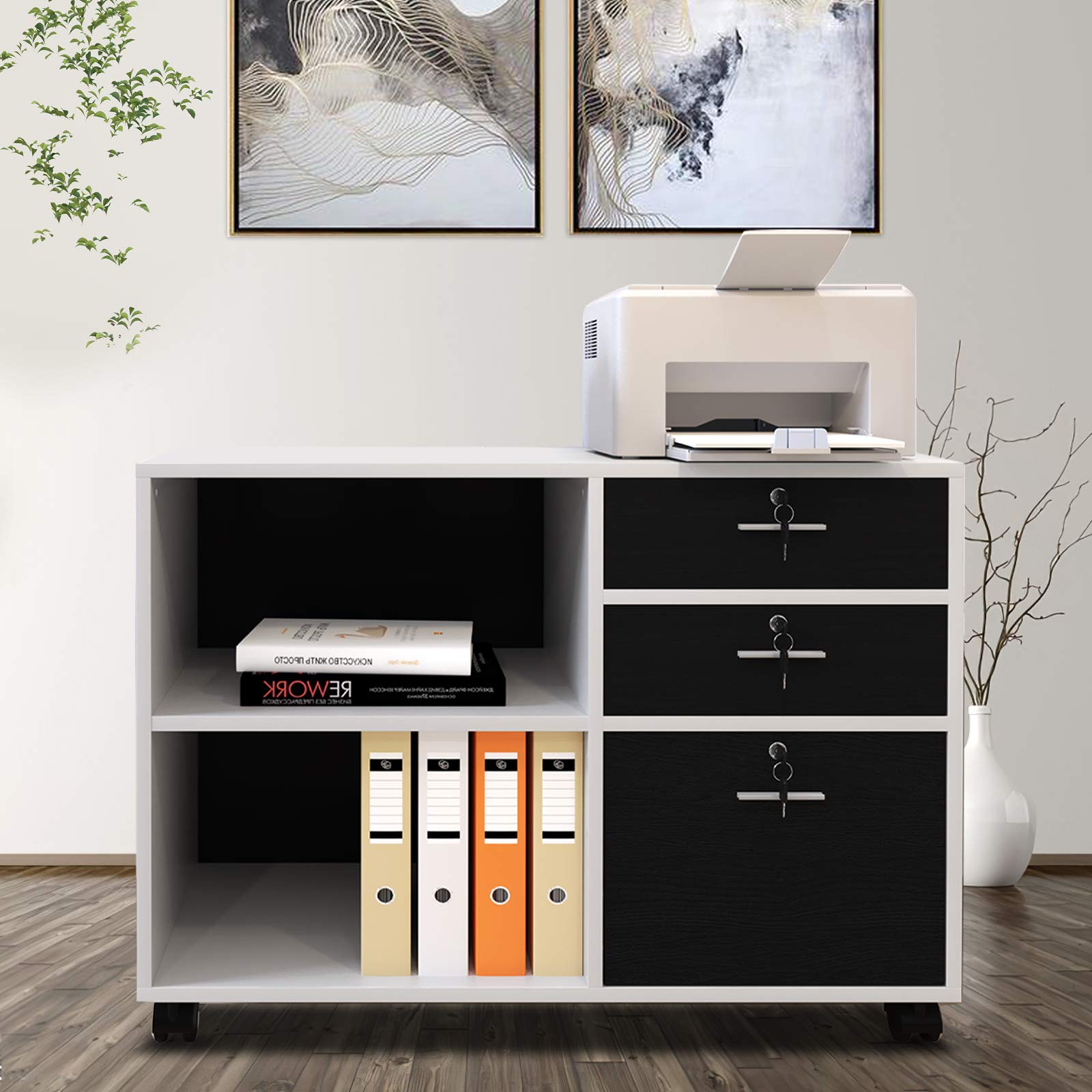 YITAHOME Archivador móvil con 3 cajones con Cerradura, archivador Lateral de Madera para Oficina en casa, gabinete de Almacenamiento para Documentos tamaño Carta, Mesa de Soporte para Impresora con