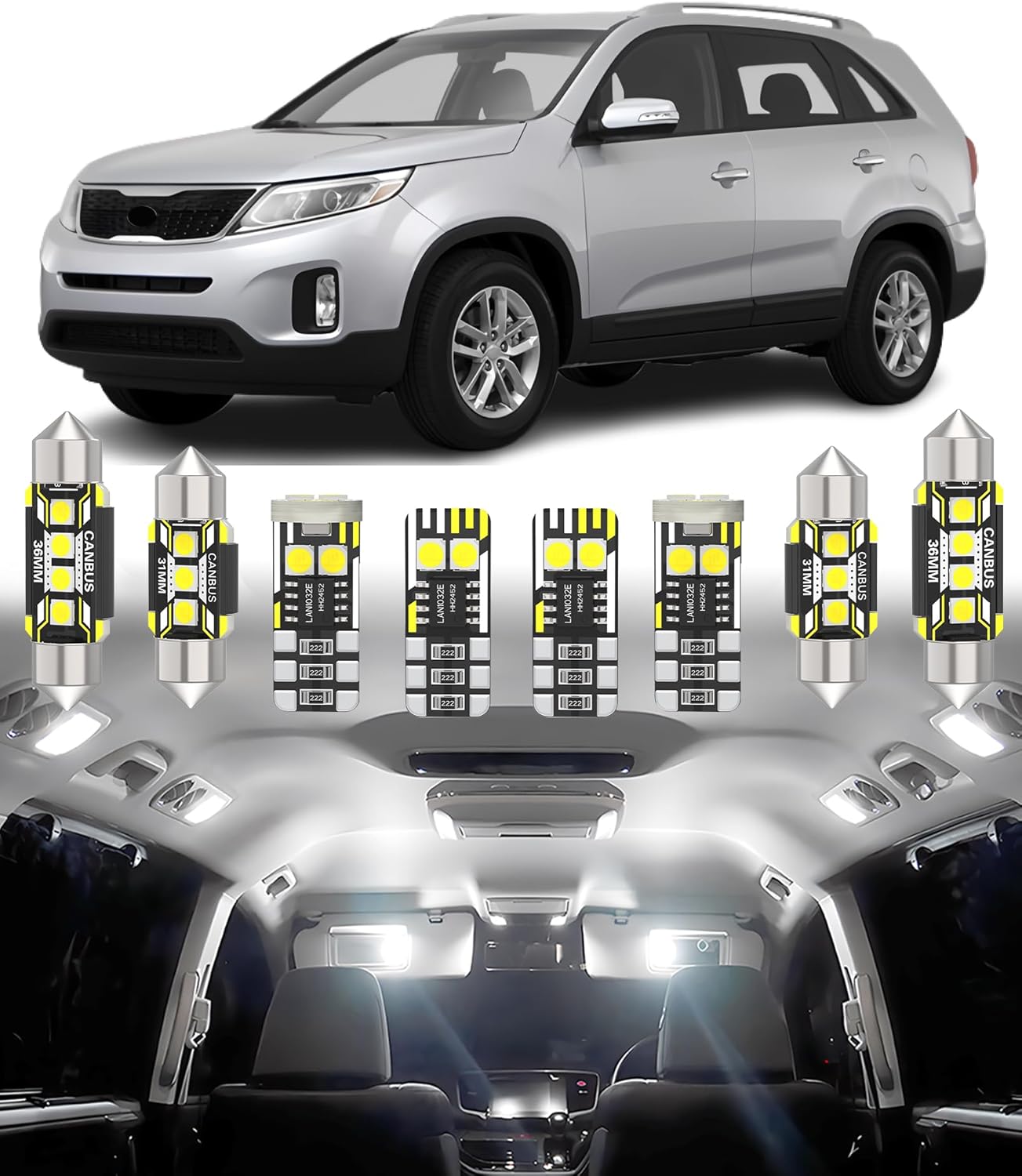BMT xms Car Interior LED Light Replacement for Kia Sorento XM 2011-2015,6000K Super Bright Interior Light Bulbs Package, 12pcs