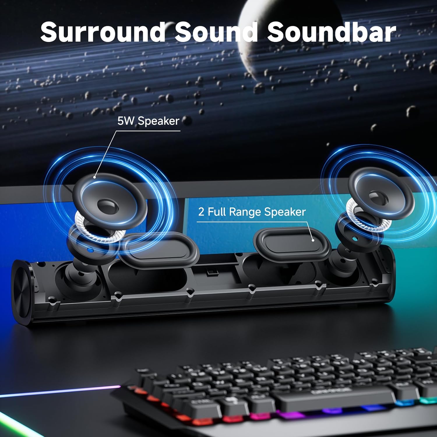 SOULION R100 Bluetooth Computer Speakers with Dynamic LED Light, USB Plug & Play PC Speakers with Switch Button, Clearly Sound Soundbar for Desktop Laptop Monitor(USB-C to USB Adapter Included)