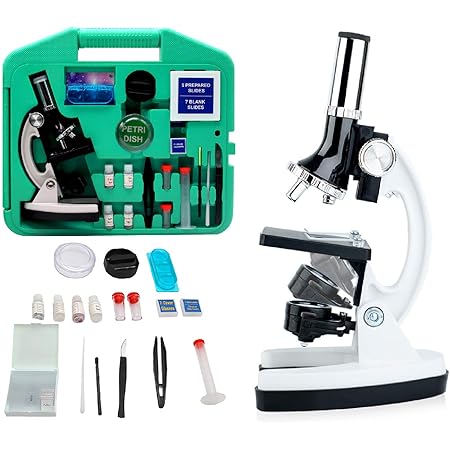 Microscope Kit for Kids 8-12 100X-1200X 52-Pieces Student Beginner Microscope STEM Kit with Metal Body Microscope, Plastic Slides, LED Light and Carrying Box(Green)