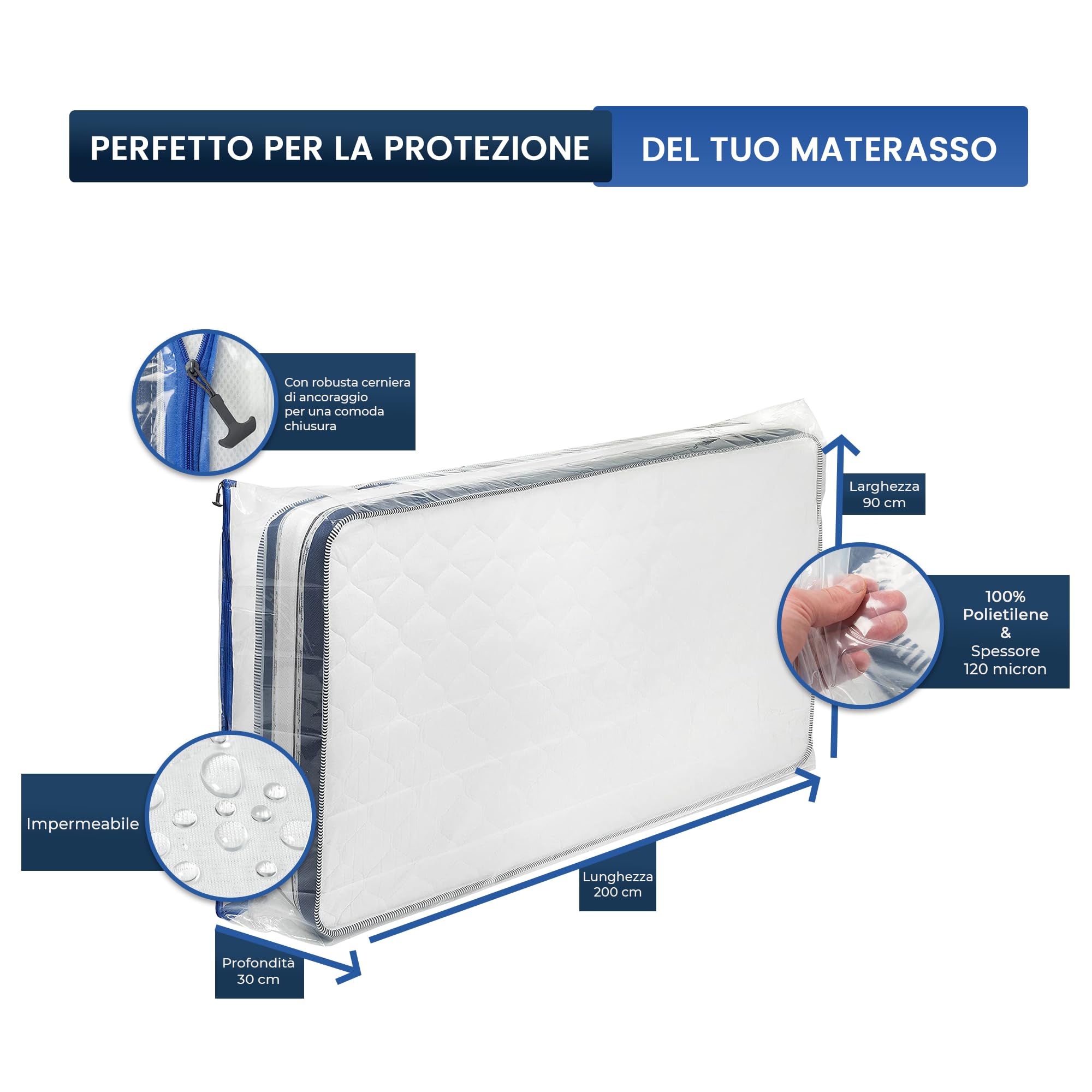 Coprimaterasso con chiusura lampo ad ancora, misure da XS a XXL, impermeabile, antistrappo, materiale ultra resistente fino a 120 micron, ideale per lo traslochi, stoccaggio - 90x200 cm