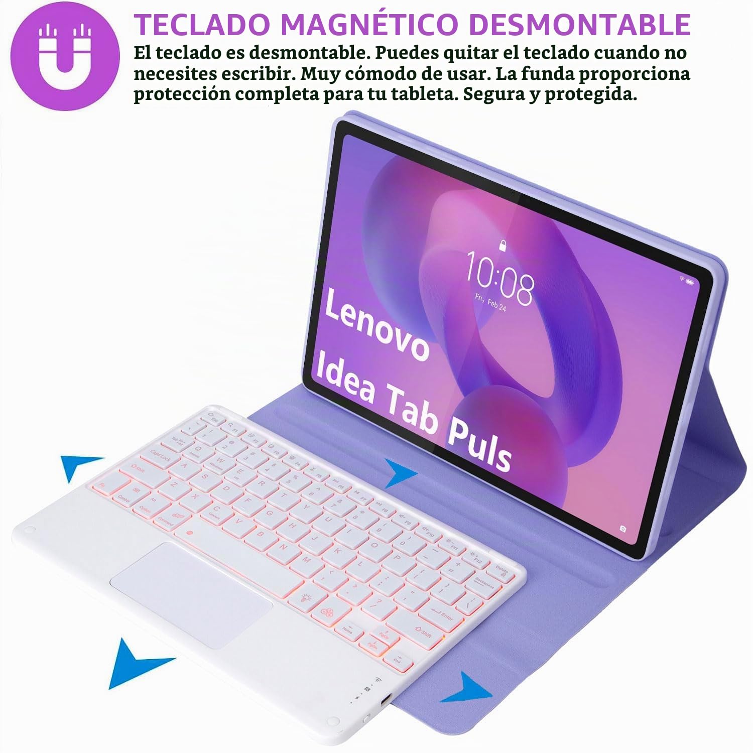 Funda con Teclado para Lenovo Idea Tab Plus 12,1 Pulgadas/Tab K12 2025 (TB361ZU/TB361FU), Español Ñ Teclado con Panel Táctil Extraíble Y Retroiluminado 7 Colores con Ratón,Púrpura