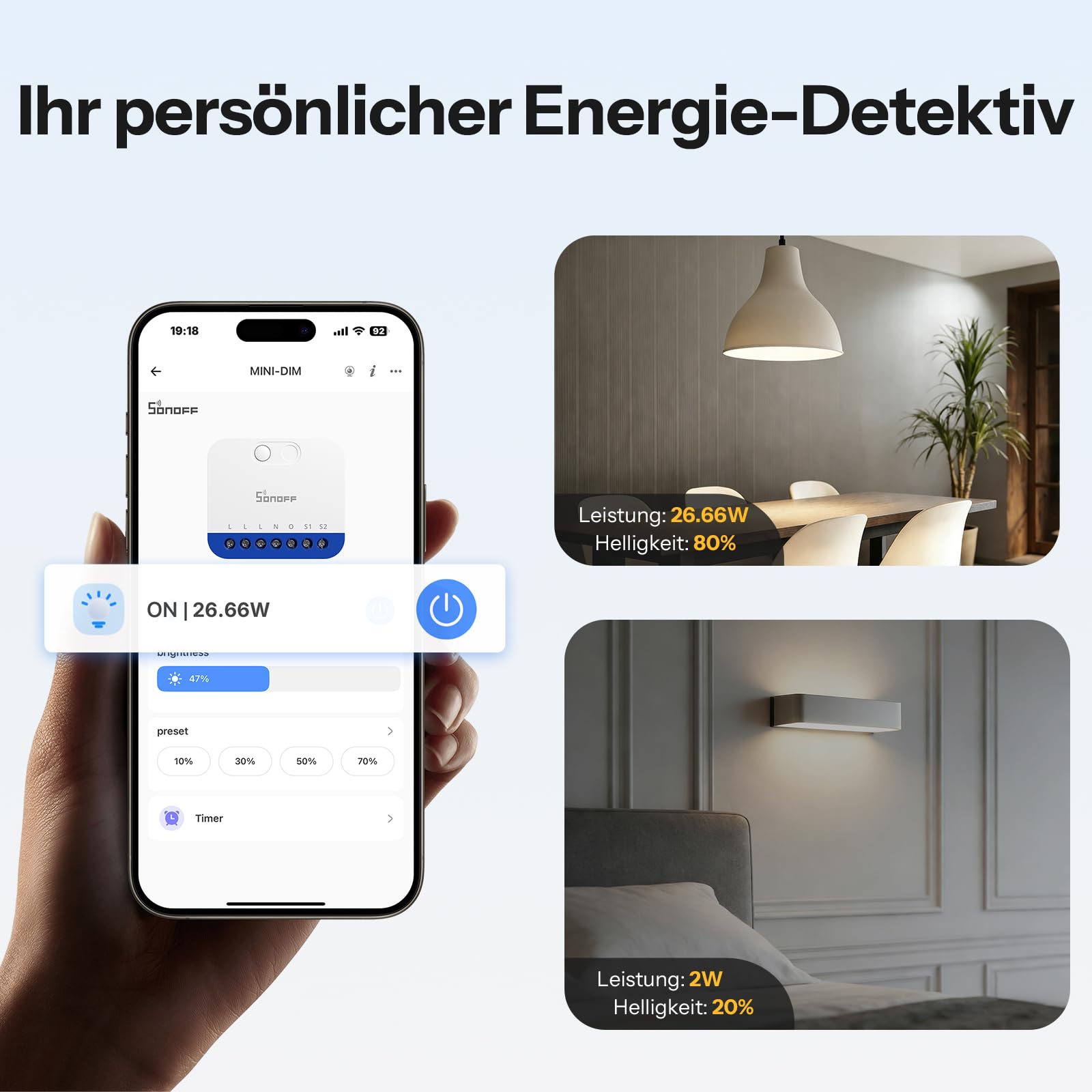 SONOFF MINI DIM WiFi Dimmer Schalter für dimmbare LED, elektronische Trafos, Glüh Halogenlampen, Neutralleiter erforderlich, Leistungsmessung, Matter kompatibel mit Alexa, Google Home & Apple HomeKit