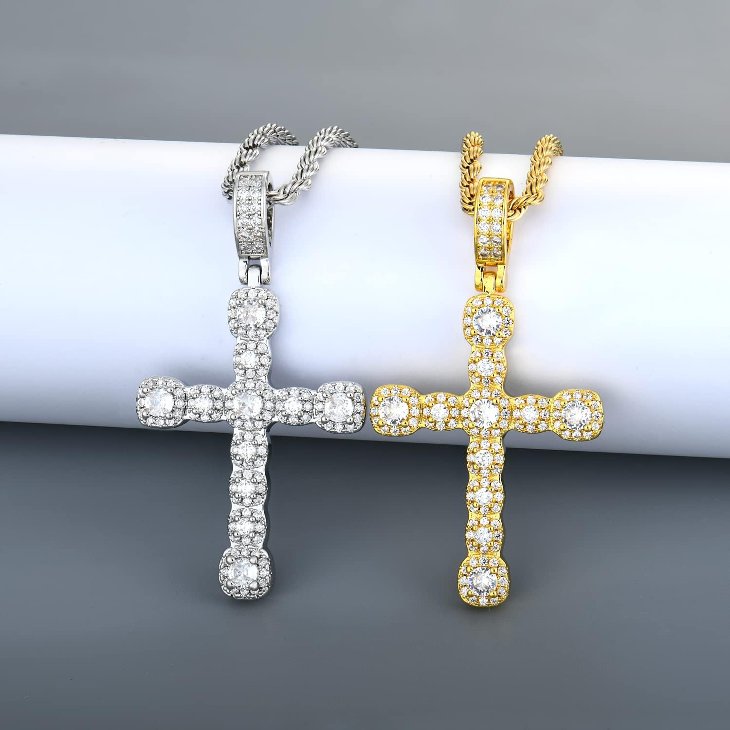 STARCHENIE Men's Cross Necklace Brass Gold Plating Pendant Cubic Zirconia Crucifix Jewelry 24'' Rope Chain