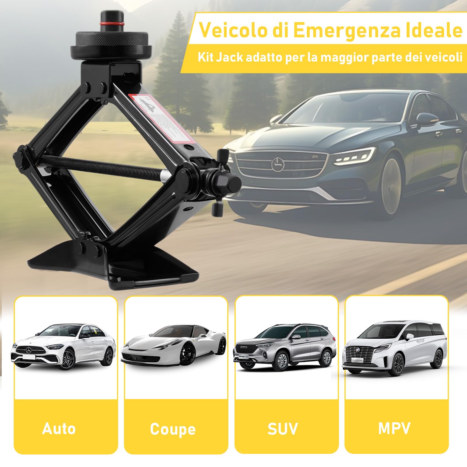 Cric per Auto 3T (3000kg), Universale Sollevatore Auto con Tampone di Gomma, con Kit di Ricambio Della Gomma Della Chiave Lug per L'automobile SUV MPV