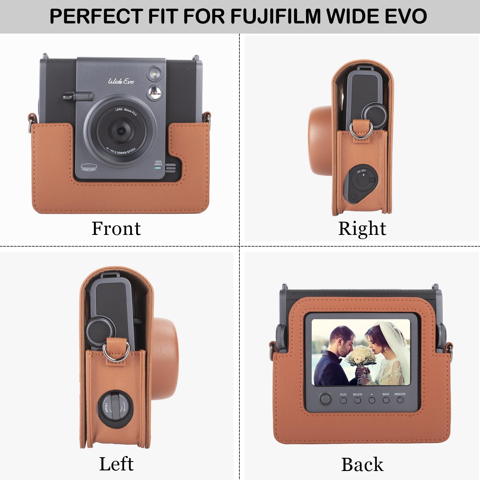 HIQYIN Étui Instax Wide Evo, Coque de Protection Compatible avec l'appareil Photo instantané Hybride Fujifilm Instax Wide Evo, étui de Transport en Cuir PU avec bandoulière réglable - Marron