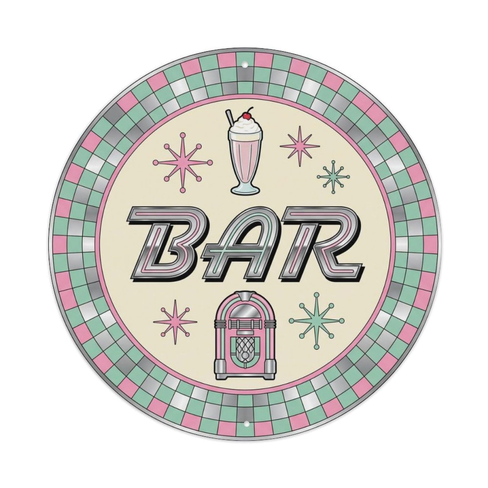 BAR Retro Diner Emblem Metal Tin Sign Plaque Wall Decor for Cafe, Club Bar, Office, Home Garden Round Metal Poster 8x8Inch