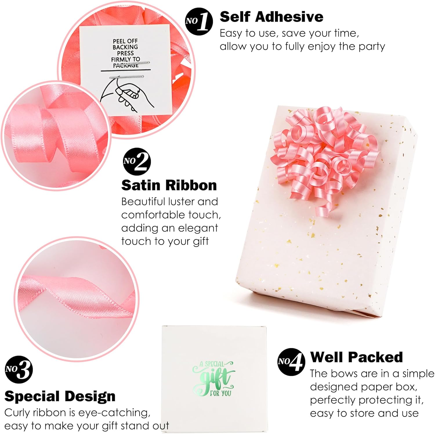 5 Inch Baby Pink Gift Bow Curly Ribbon Bows Set of 8, Double Faced Satin Ribbon Bow Premade Self Adhesive Bow Decorations for Party, Wedding, Holiday, Bows for Crafts, Wine Bottle, Presents - Image 3