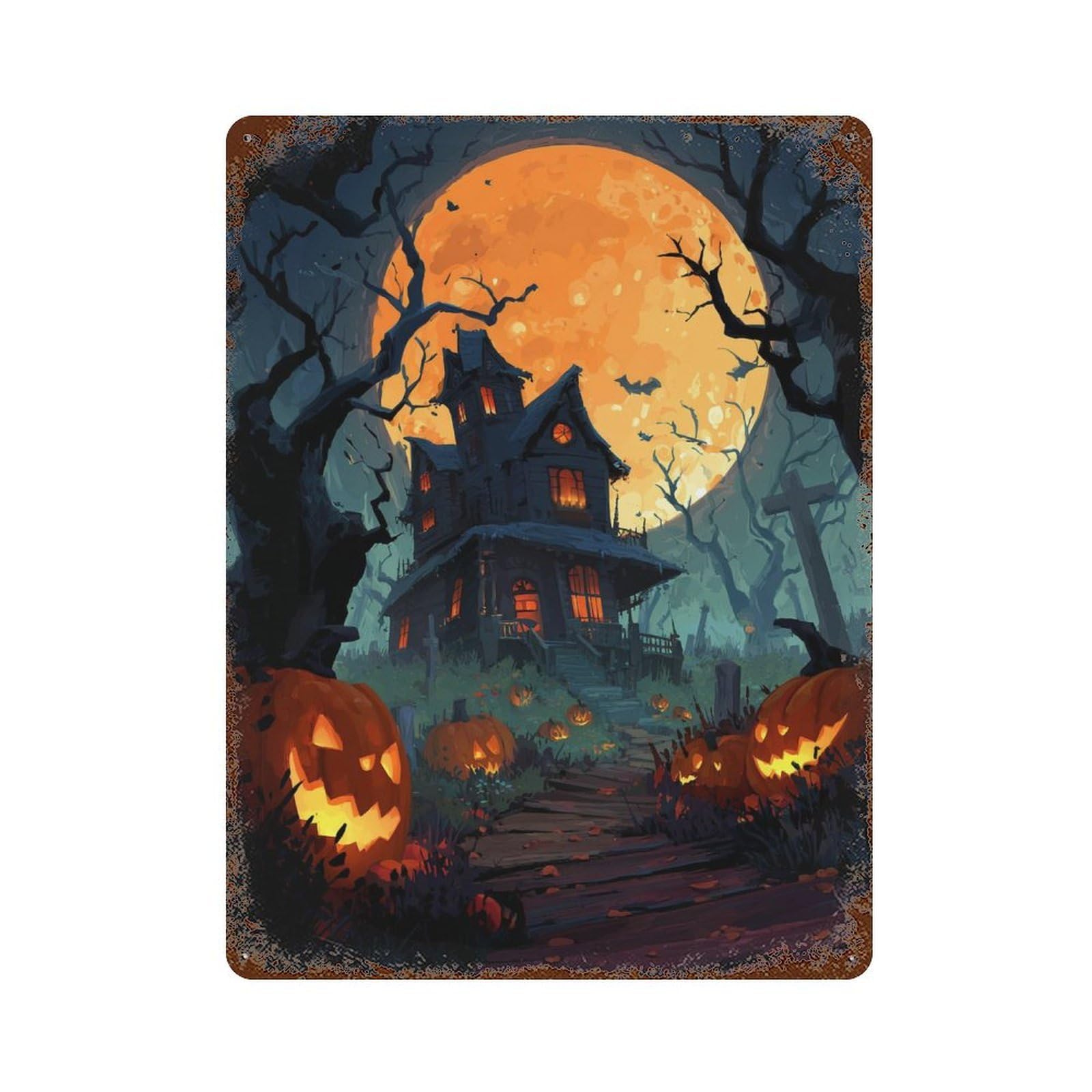 Halloween Haunted House Scene Vintage Rust Metal Sign 15.7"x11.8", for Garage, Bar And Workshop Decor, Decorative Metal Wall Art