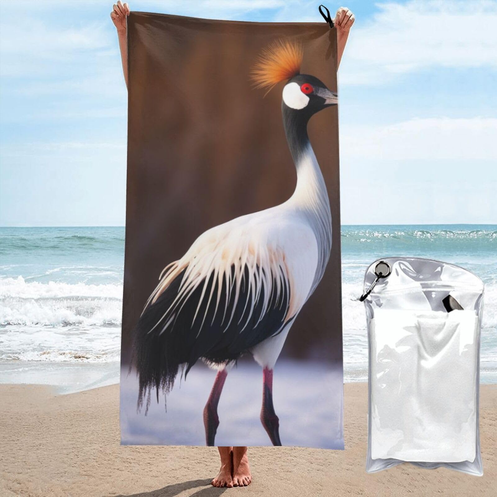 BWWHCCTI Crowned Bird Printed Microfiber Quick Dry Beach Towel 80x160 CM, Fast Drying Bath Towels with Bags for Travel,Camping,Gym,Beach,Swimming,Yoga