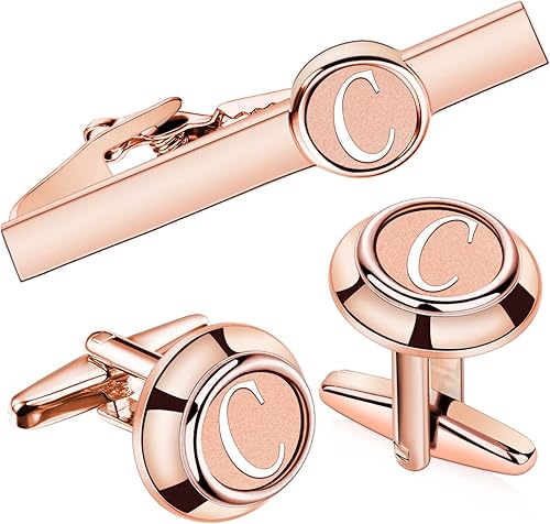 AMITER Initial Tie Clip and Cufflinks Set for Men, A-Z Letter Rose Gold Necktie Bar and Shirt Studs Cuff Links for Wedding, Anniversary, Birthday