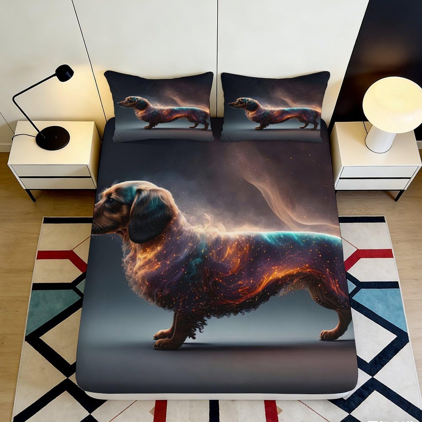 3D Printed Cosmic Dachshund Fitted Sheet Microfiber Soft Breathable Galaxy Mattress Cover for Bedroom Dormitory Guest Room Mattress Protection Decor 160x200x25cm