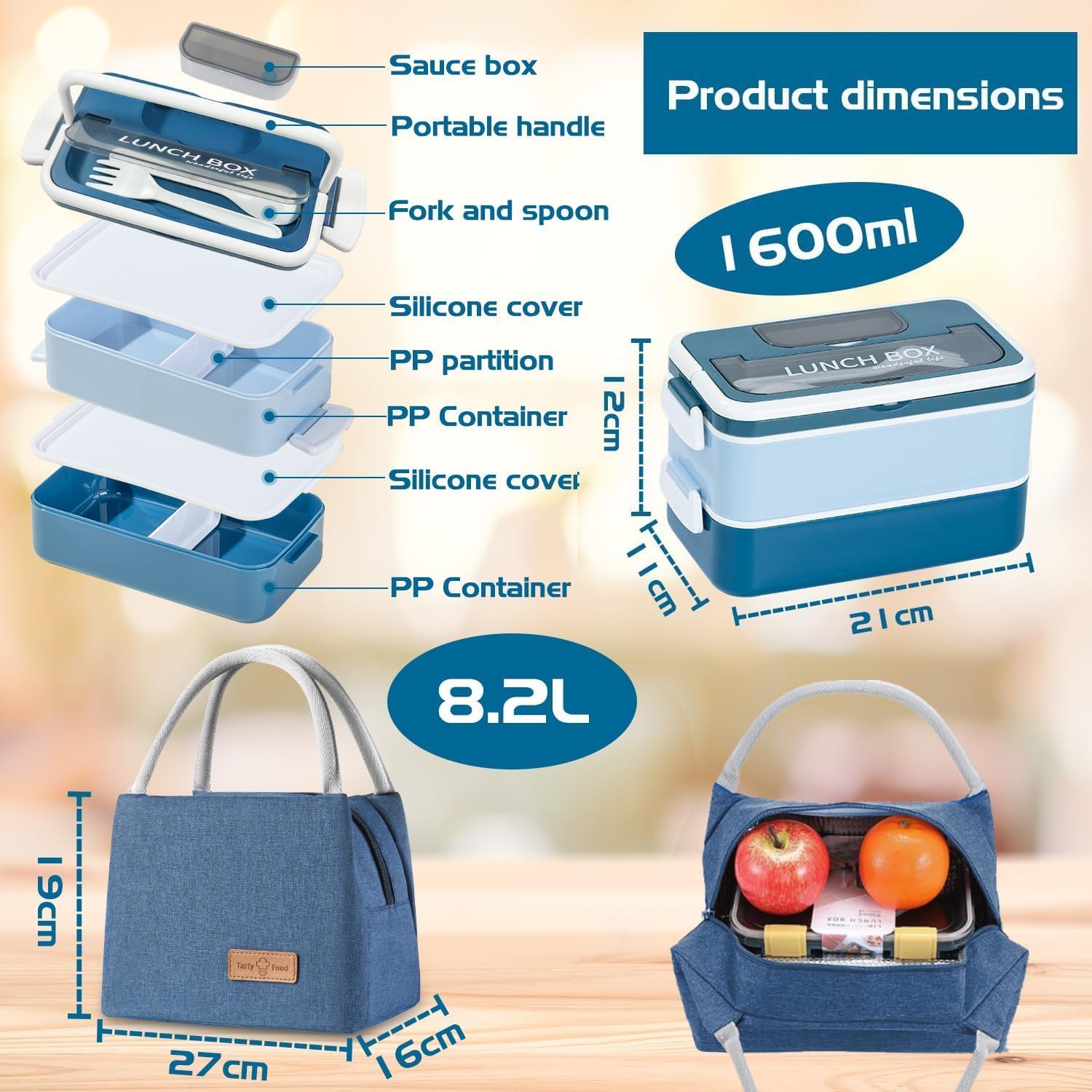 Porta Pranzo Kit, 1600 ml 2 Strati Lunch Box Ermetica con Borsa Termica e Posate, Portapranzo per Microonde e Lavastoviglie,Schiscetta Pranzo, Bento Box per Adulti Lavoro Picnic Ufficio (Blu)