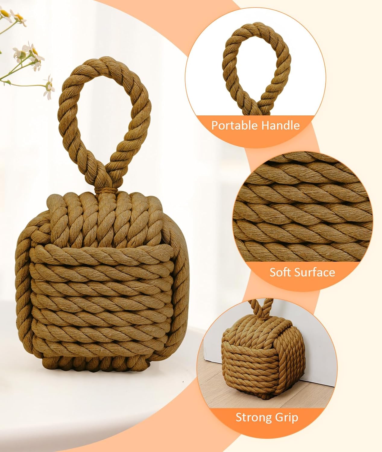 2Pack Decorative Door Stoppers - Cute Rope Knot Design, Heavy Duty Weighted Doorstop with Inside Mount for Home & School, Khaki
