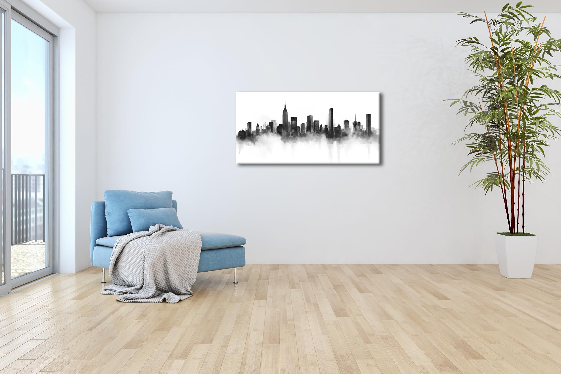 Schwarz-weiße Skyline, in Nebel gehüllt, zeigt urbane Eleganz Panorama 120x60cm Effekt:Schwarz&Weiß XXL Kunstdruck Motiv auf Holzrahmen/Leinwandbild/Wandbild/Wohnzimmer Dekoration