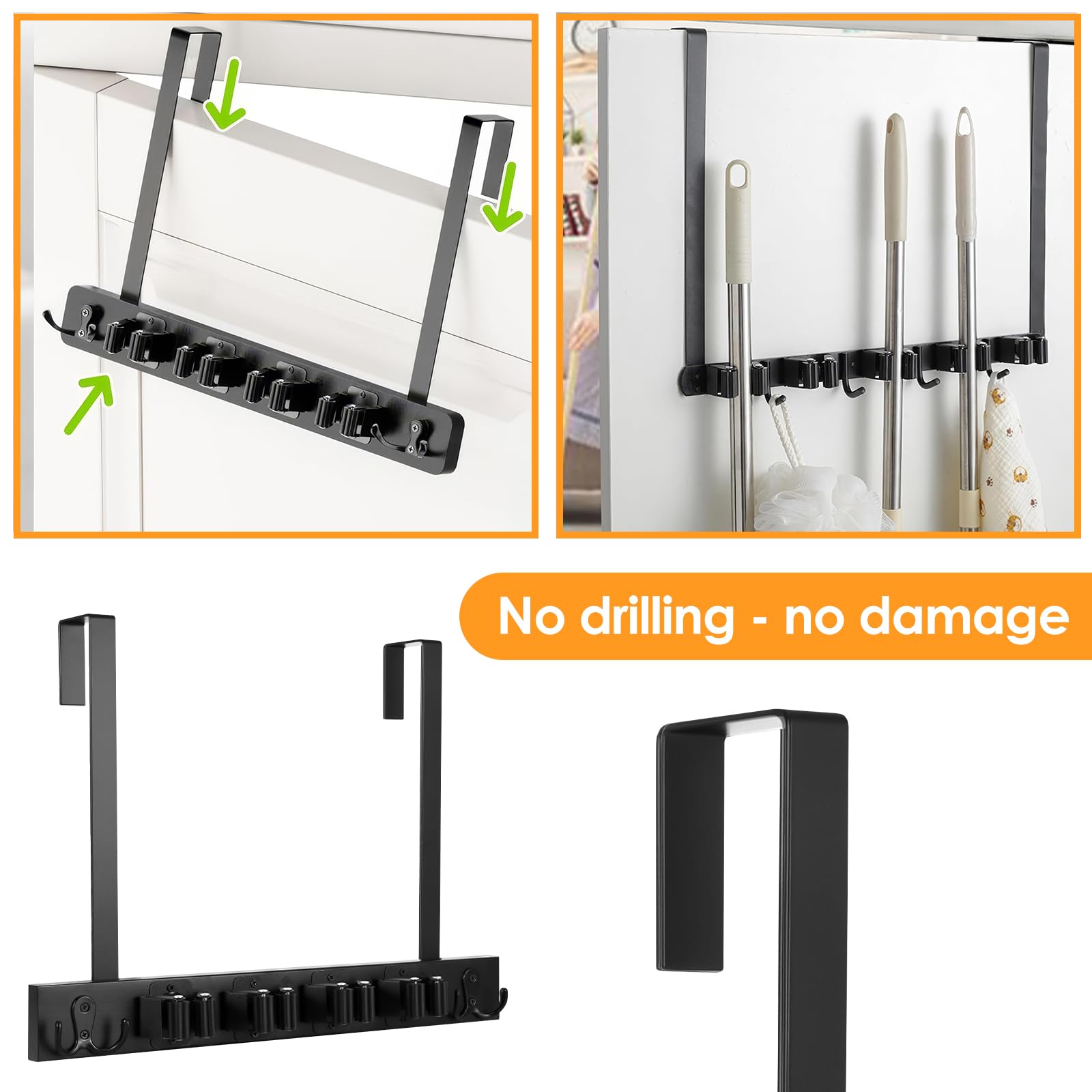 ZONJIE Broom Holder Wall Mounted, Over the Door Brooms Mop Holder, 5 Holders and 4 Hooks - Image 4