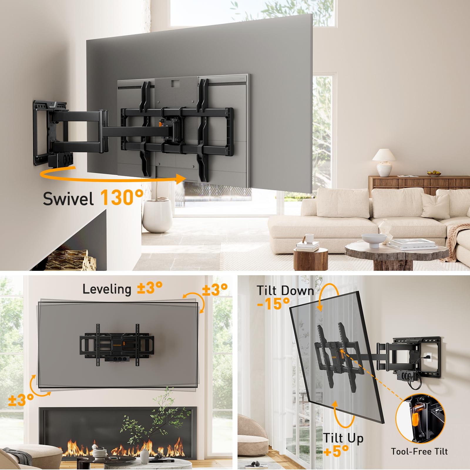 Perlegear W pełni ruchomy uchwyt ścienny do telewizora z listwą zasilającą, 42"-90", 68 kg, wstępnie zamontowany uchwyt TV, płynnie obracany obrót, nachylenie, przedłużenie, VESA 600 x 400 mm, PGLF11