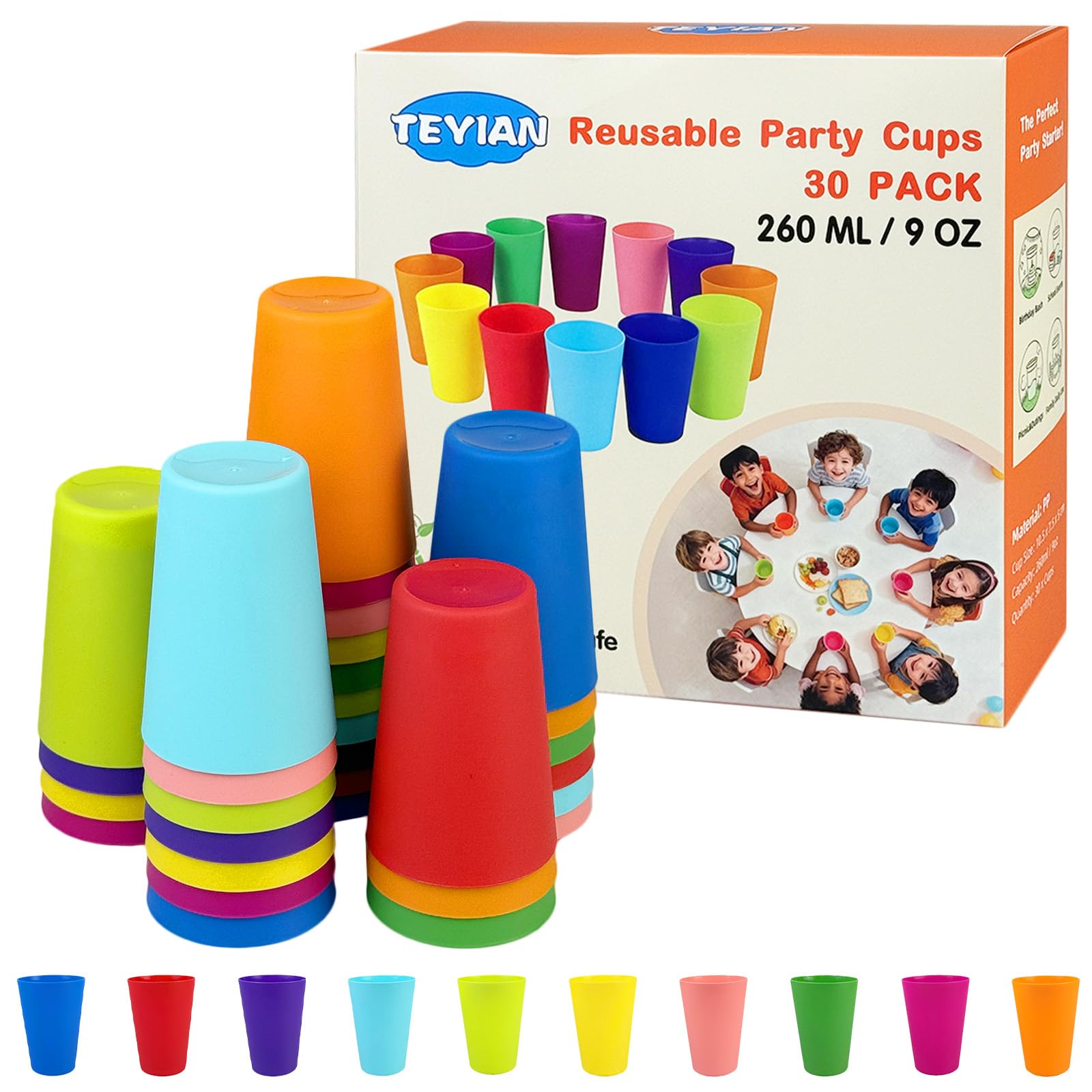 TEYIAN 30 Pack Tumblers 260ml Reusable Plastic Cups Drinking Tumblers Durable Plastic Tumbler Set for Kitchen Outdoor Party Picnics Camping BBQ -10 Colour