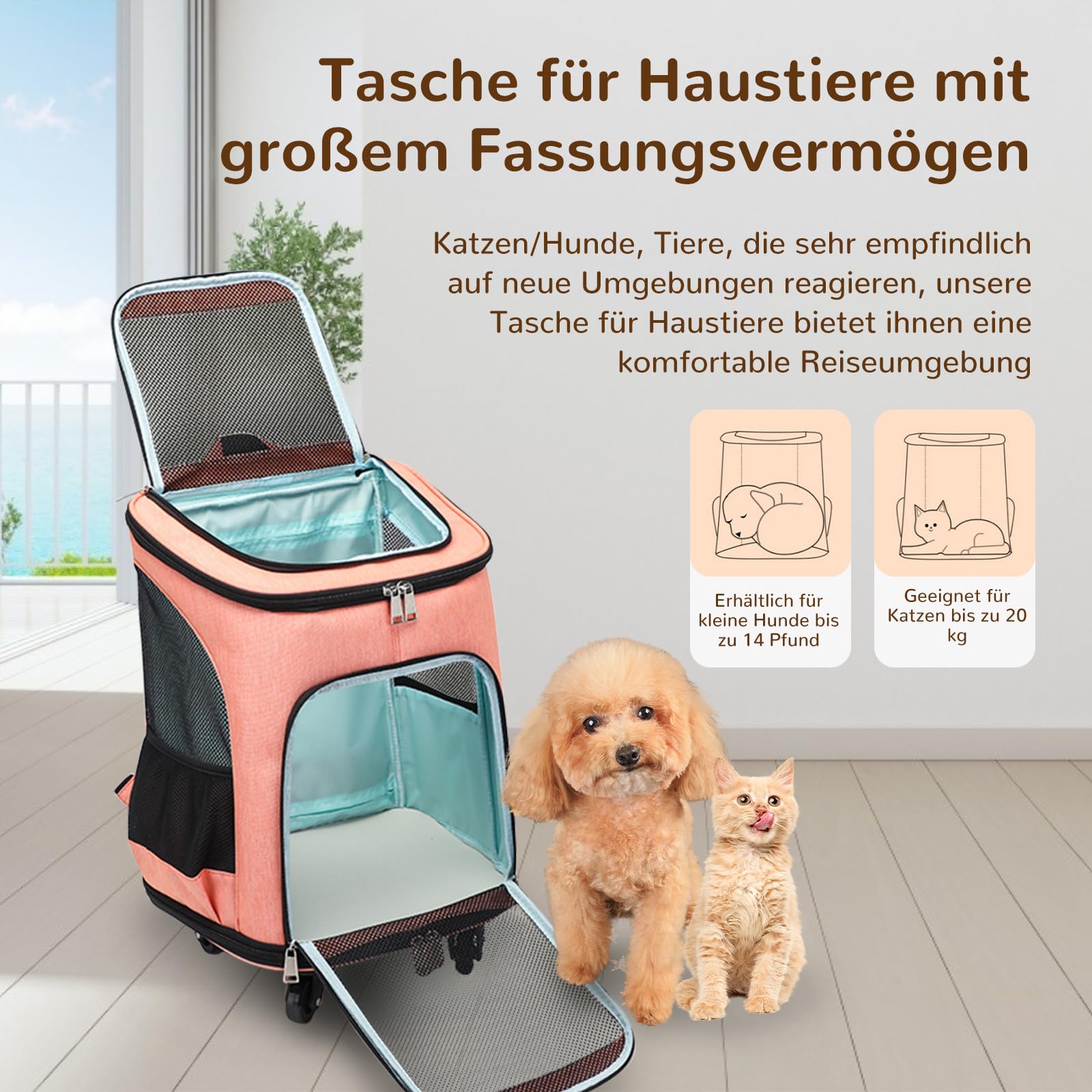 Mochila para perros con ruedas, mochila para gatos con ruedas, para perros y gatos, hasta 10 kg, ligera, para cachorros, mascotas (naranja)