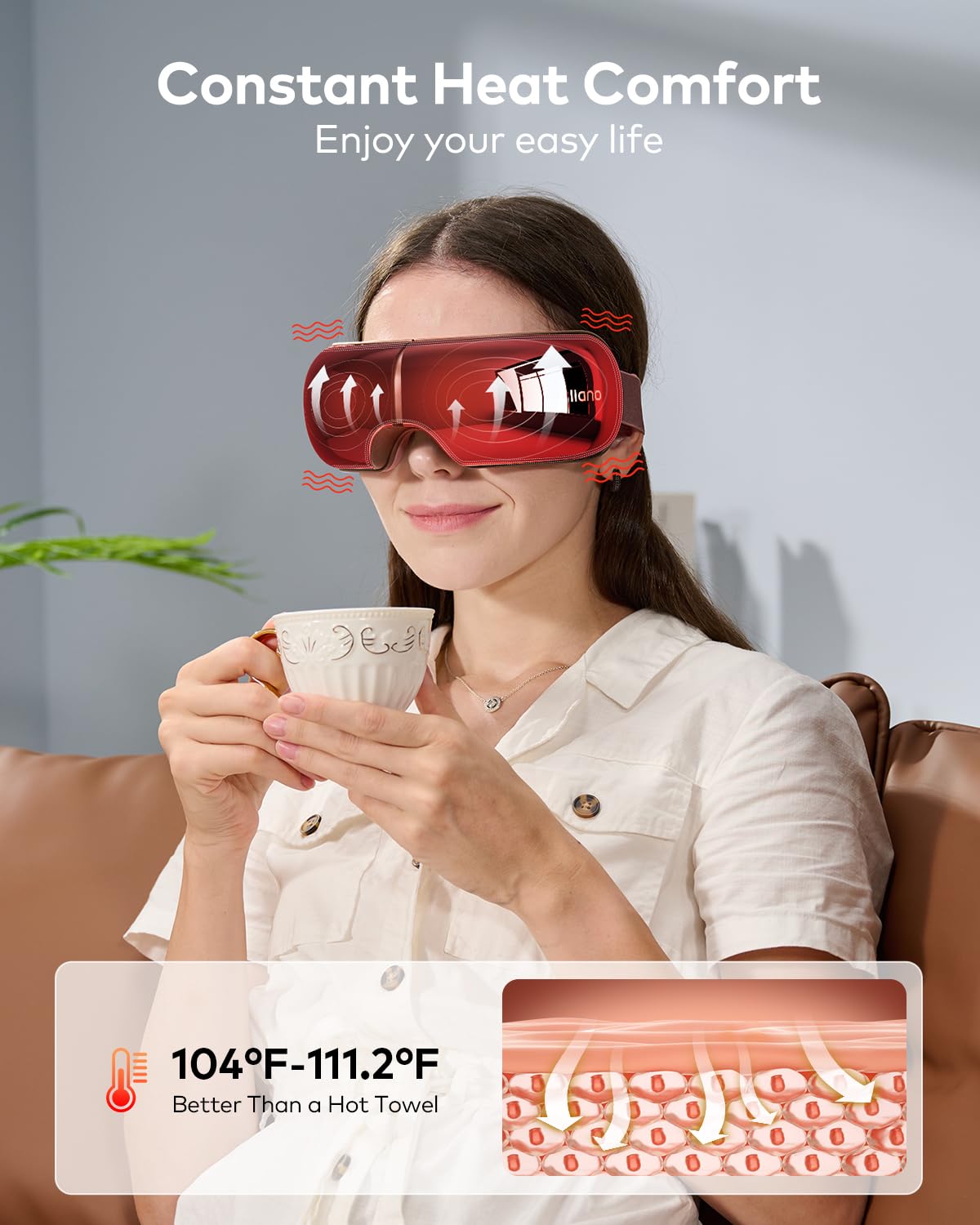 llano Masajeador de Ojos con Calor, Masaje Vibratorio, Bluetooth Integrado, 4 modos, Pantalla Translúcida, Diseño Ergonómico en 3D y Plegable (Glossy Brown)