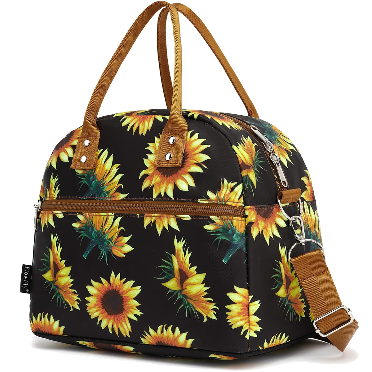 FlowFly Insulated Lunch Bag With Shoulder Strap for Women, Men, and Kids, Large and Reusable, Handle, Freezable Work and School Travel Tote and Meal Prep Organizer,Sunflower