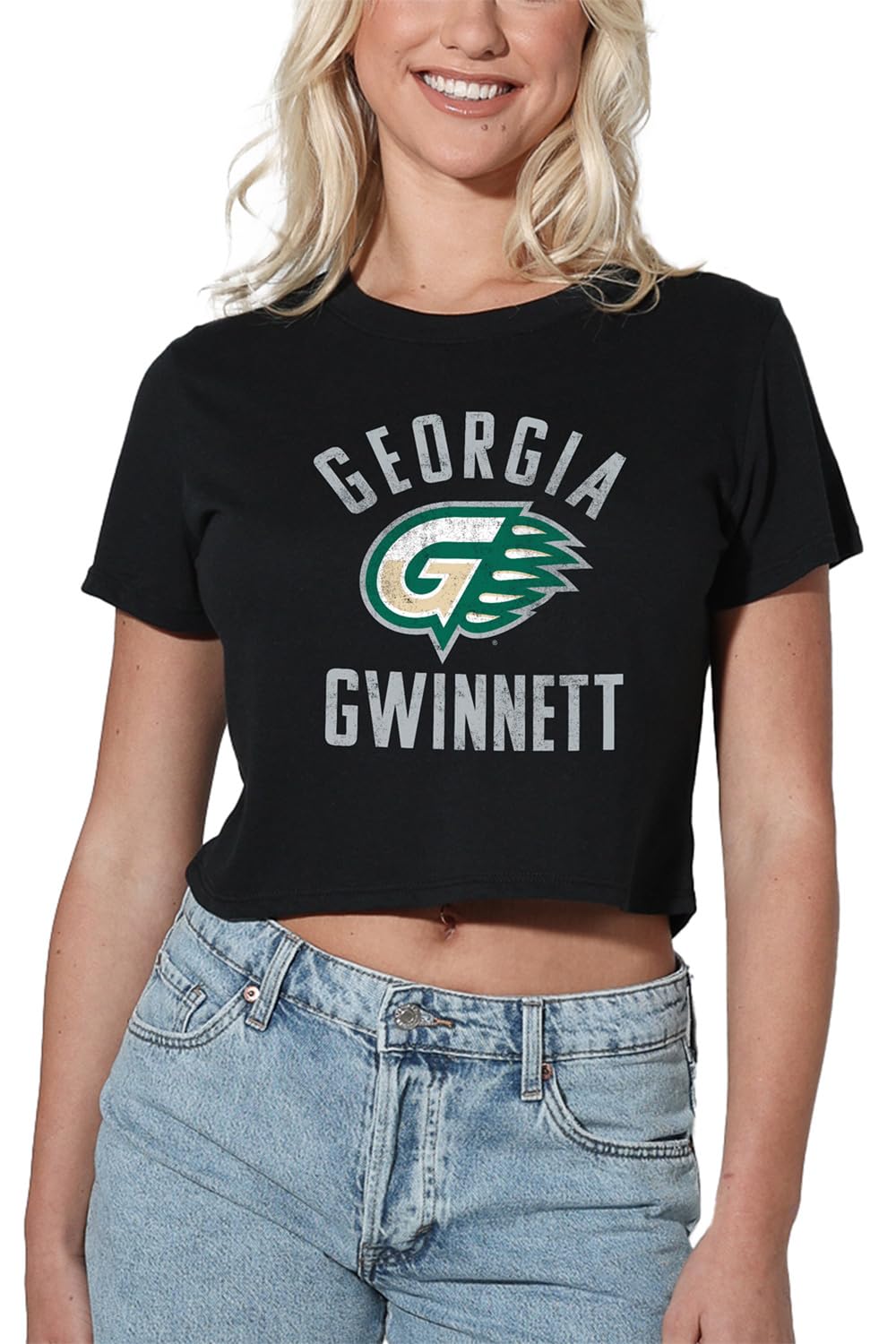 Official Collegiate Large Distressed Logo Women's Apparel Crop Top T-Shirt Collection, Black