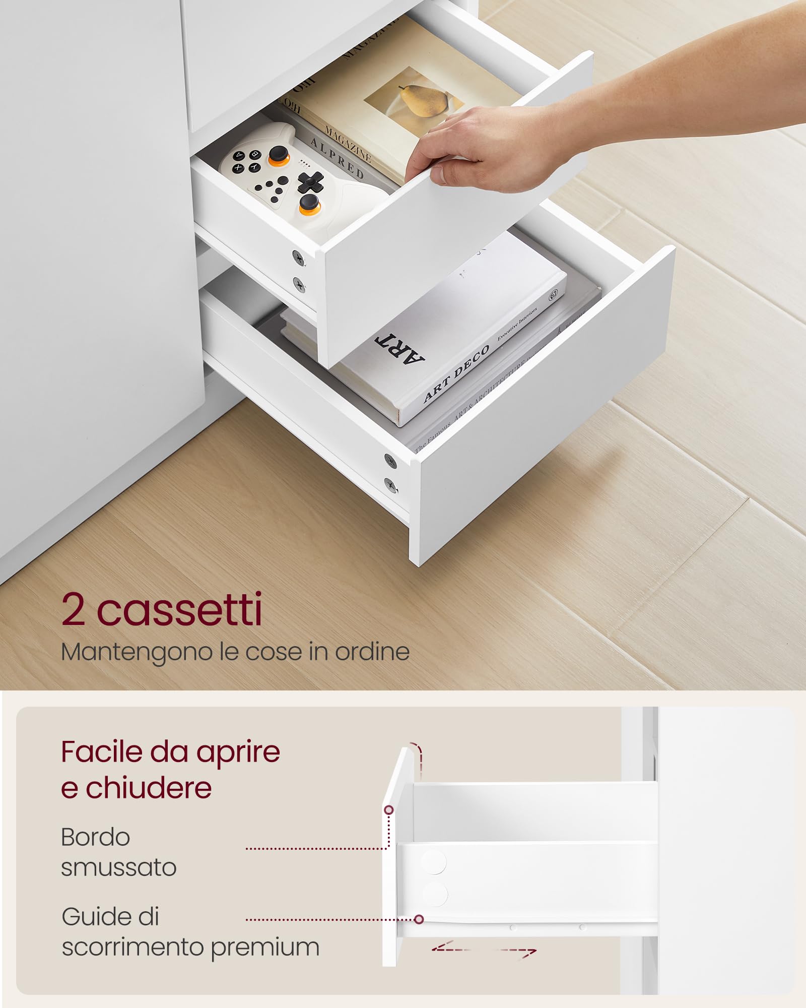 VASAGLE Collezione KAILYN - Credenza, Mobile Contenitore, con Anta e Ripiano Regolabile, 2 Cassetti, 40 x 70 x 74,5 cm, per Soggiorno, Sala da Pranzo, Ufficio, Bianco Nuvola BBK243W01V1