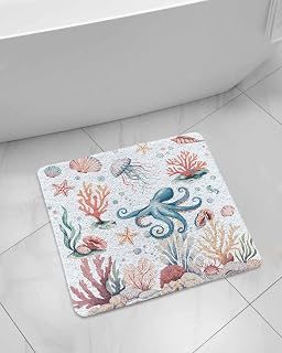 Marine Life Shower Mat Non Slip Bathtub Mat Oxygen Coral Jellyfish Shell Summer Cartoon Oceans Bath Mat Soft Loofah Shower Mats for Shower Tub Bathroom Quick Drying Foot Mat, 24x24 Inch