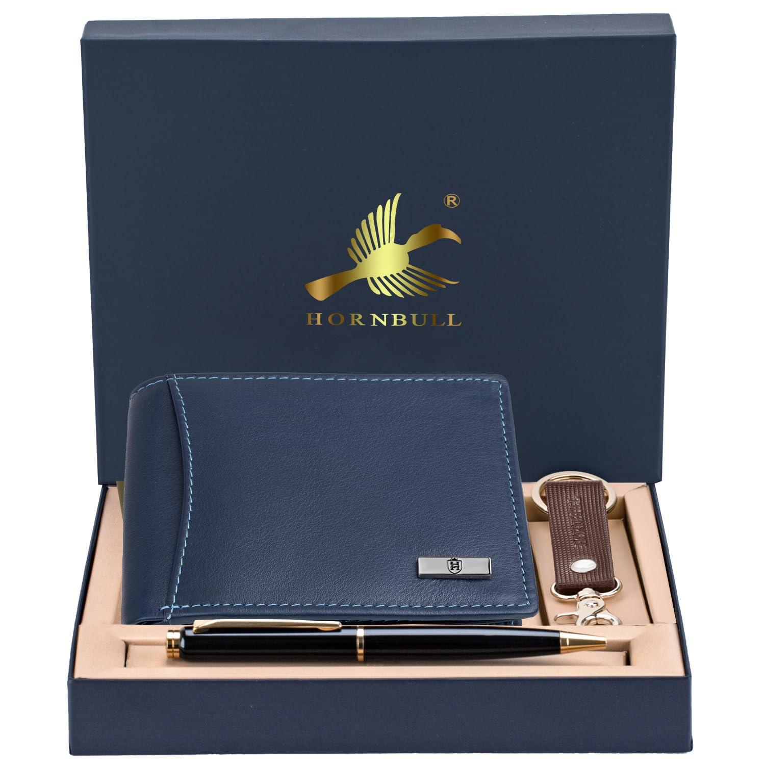HORNBULL Themes Navy Mens Leather Wallet, Keyring & Pen Combo Gift Set for Men | Valentine's Day Gift Wallet - Image 2 thumbnail
