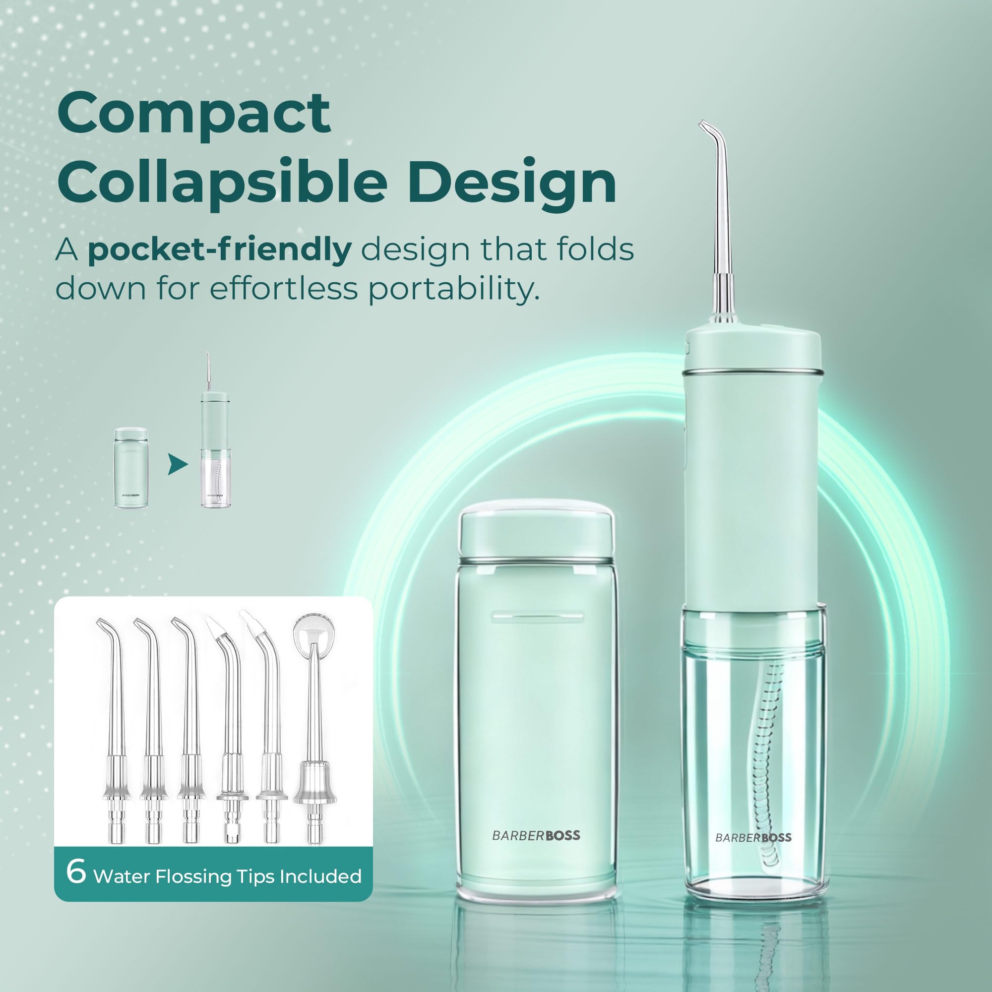 BarberBoss Hydropulseur voyage, hydropulseur poche avec 3 réglages de pression, 6 embouts (3 standard, orthodontique, parodontal, nettoyeur langue), irrigateur buccal portable sans fil, QR-7115 (vert)