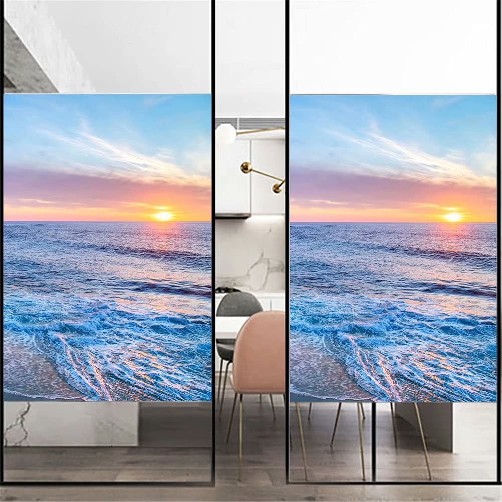 Non Adhesive Decorative Privacy Frosted Window Film Sunset by The Sea Pattern Glass Door Window Covering Window Decals Window Sticker for Home Office 65x130cm(25.6