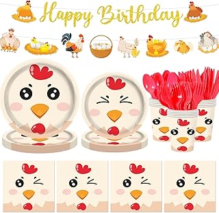142 Pcs Chicken Birthday Party Decorations Chicken Plates and Napkins Chicken Themed Party Birthday Decorations Serves 20