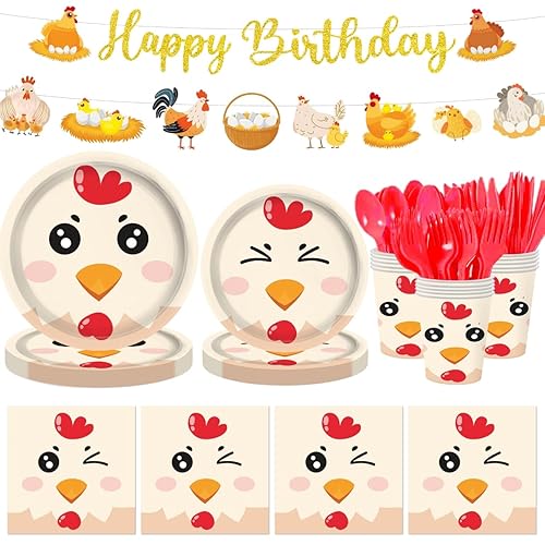 142 Pcs Chicken Birthday Party Decorations Chicken Plates and Napkins