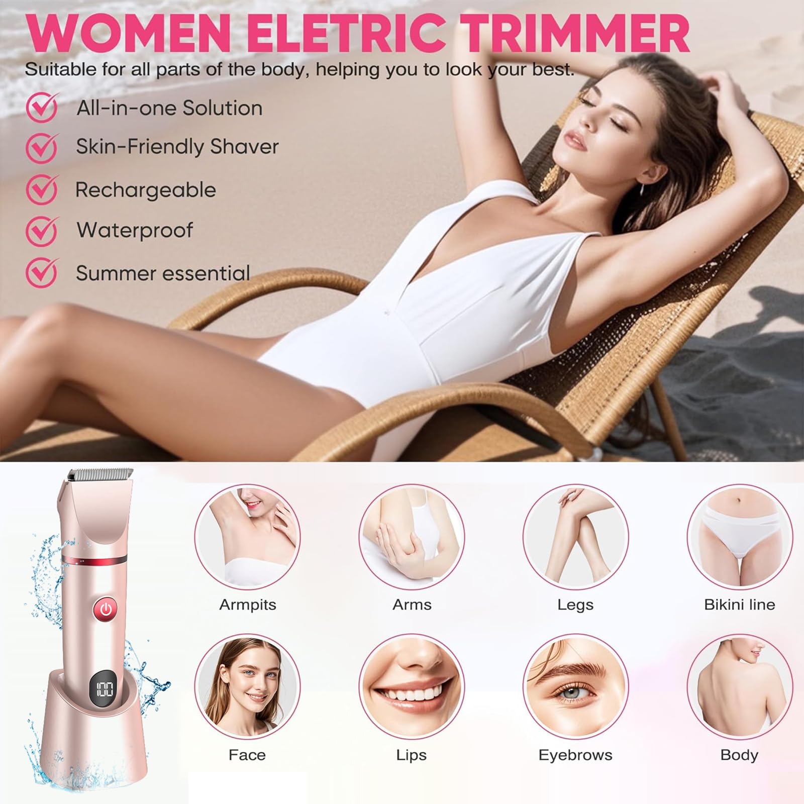 3 in 1 Rasoir Electrique Femme, Tondeuse Intime, IPX7 Étanche Rasoir Femme, utilisation humide et sèche pour le visage, les aisselles, les jambes (Rose)