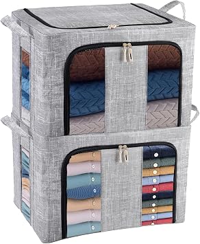 Clothes Storage Boxes 2PCS 66L, Folding Storage Bag with Fabric Steel Frame, Closet Organizer with Opening Zips for Storing Bedding, Blankets