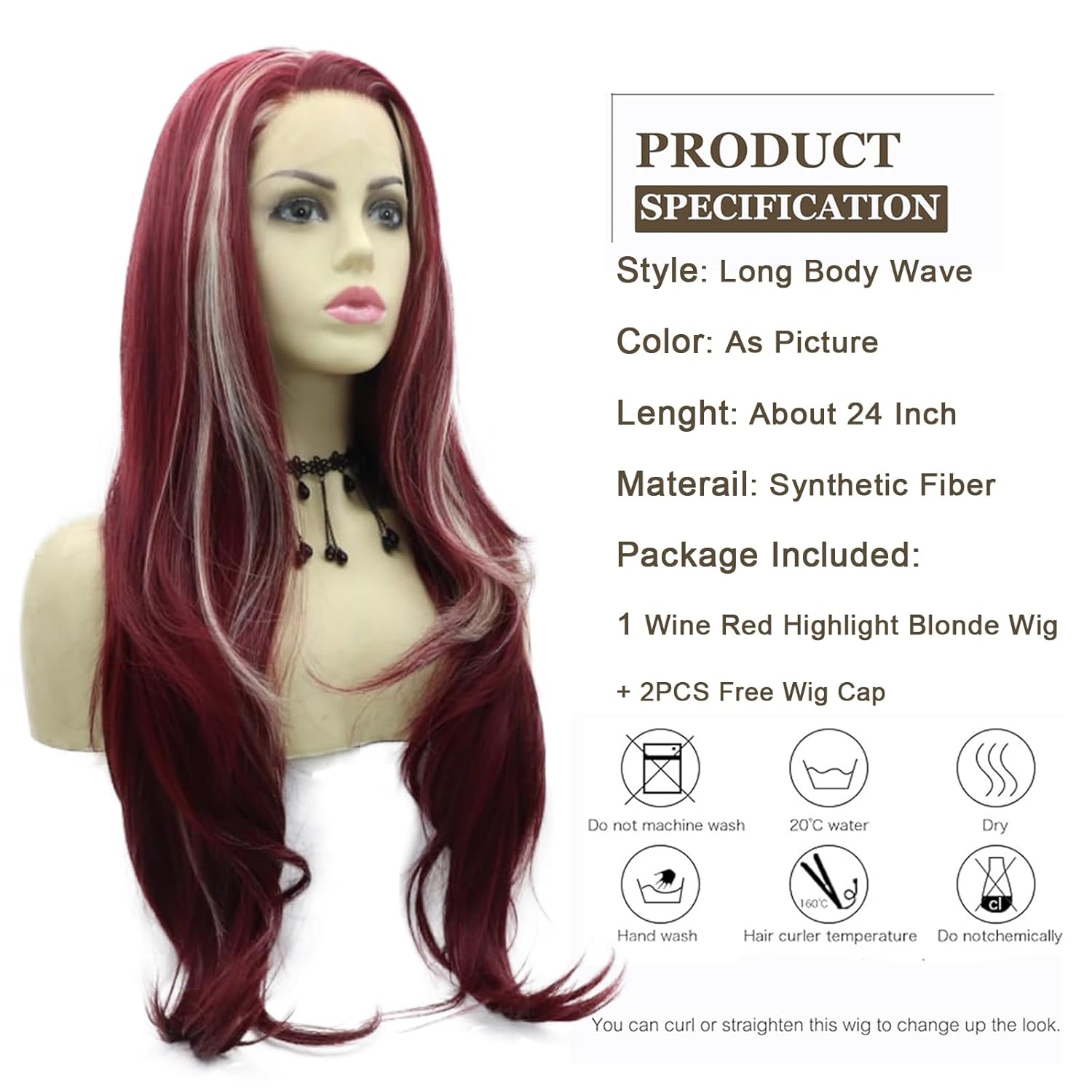 Burgundy Red Highlight Blonde Lace Front Wigs for Women Synthetic 13x4 Body Wave Wine Red Skunk Stripe Wig Synthetic Lace Front Wigs Party Date Daily Wear Christmas Natural Looking 26 inch