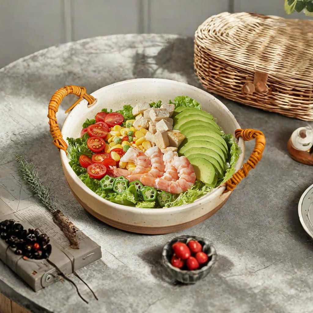 Ceramic Fruit Bowl or Salad Bowl with Double Eared Vine Weaving Handles, Ceramic Salad Bowl with Anti Slip Bottom,Large Fruit Bowl for Kitchen Counter(7.5Inches)