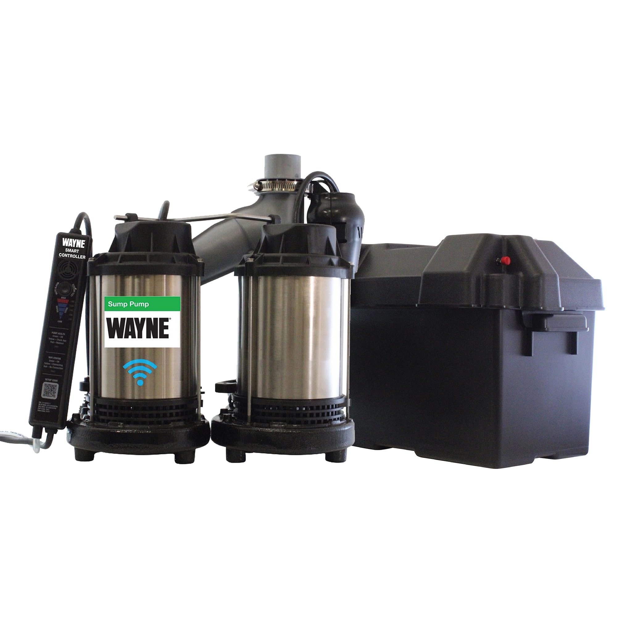 WAYNE WBPS50 1/2 HP Smart Sump Pump System – Primary &amp; Battery Backup Ready, Smart Monitoring &amp; Alerts, 5,100 GPH, Stainless Steel and Cast Iron, 5-Year Warranty