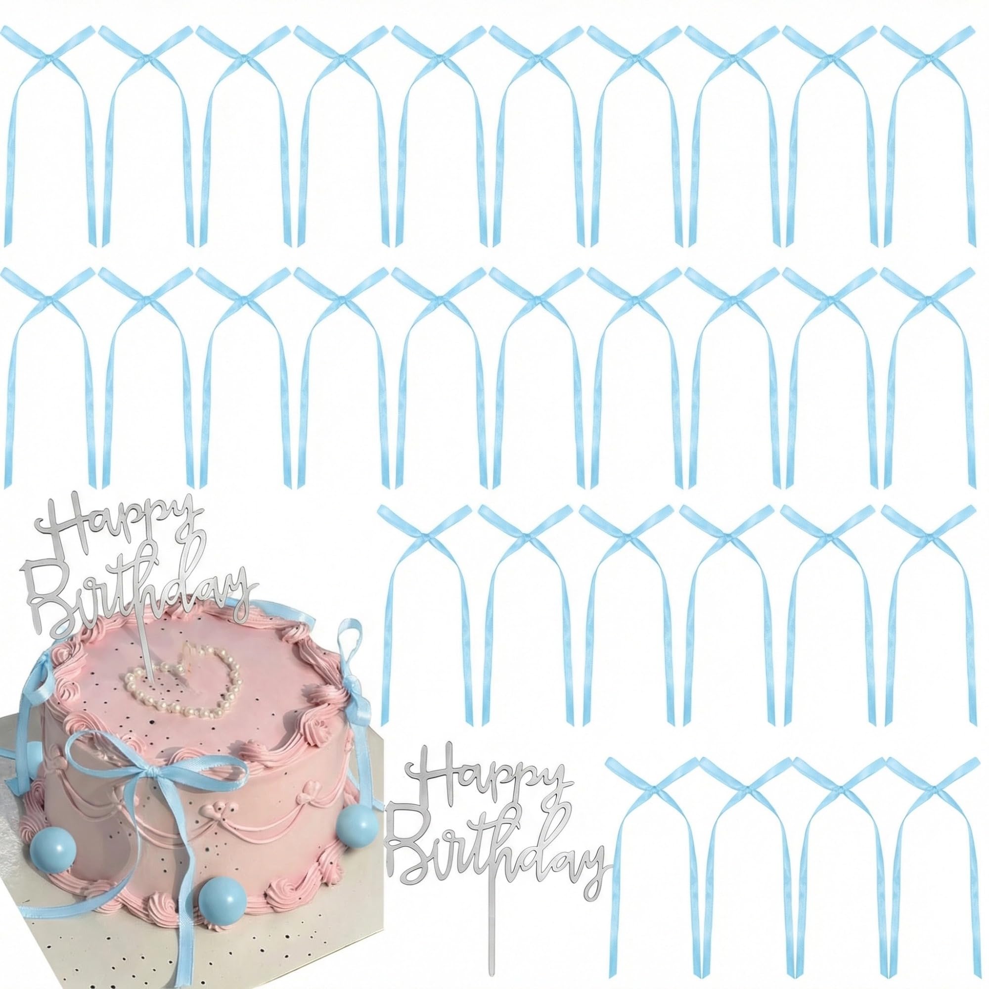 49 PCS Bow Cake Topper Ribbon Cake Topper with Happy Birthday Sign Coquette Themed Party for Birthday Wedding Anniversary Party Supplies (Blue)