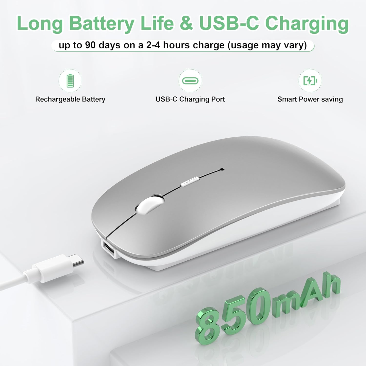 Wireless Mouse for Laptop/MacBook Air/Pro & iPad, Mouse Jiggler Mode Bluetooth 5.2/2.4G Rechargeable Silent Click 3-Level DPI Slim Portable USB-A&C Receiver (Mouse Jiggler Mode, Silver)