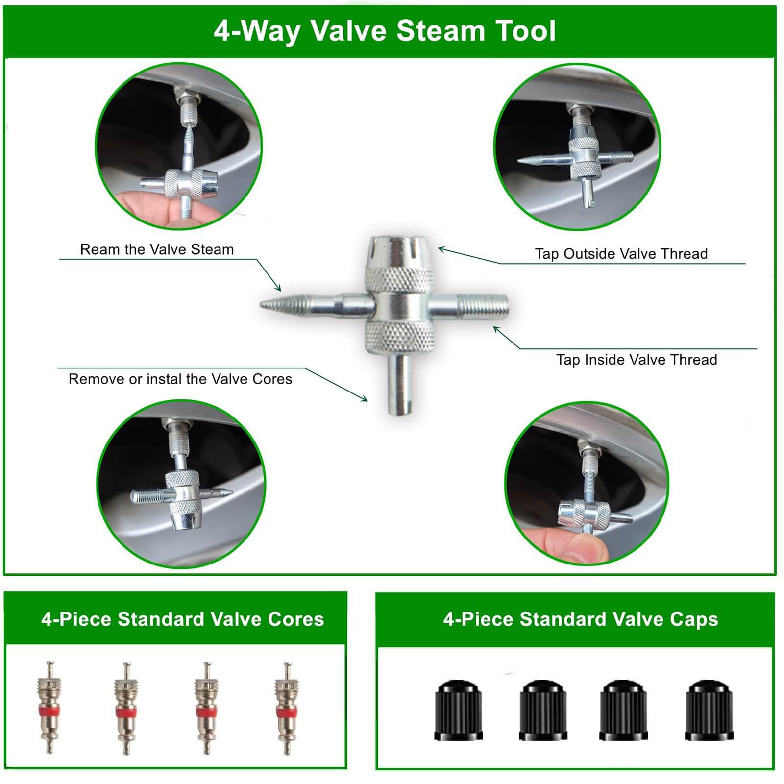 Tyre Repair Kit, 32pcs Compact Tyre Puncture Repair Kit with Rubber Plugs, Upgraded T-Handle, 4-Way Valve Tool, Flat Tyre Repair Tool for Cars, Motorcycles, Van, ATV, SUV