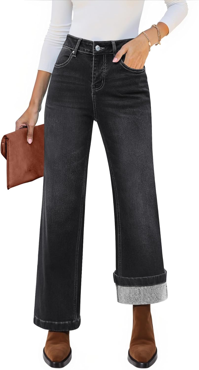 luvamia Flare Jeans for Women Thin Fleece Lined High Waisted Wide Leg Trendy Fall Stretchy Denim Pants Trouser Jeans