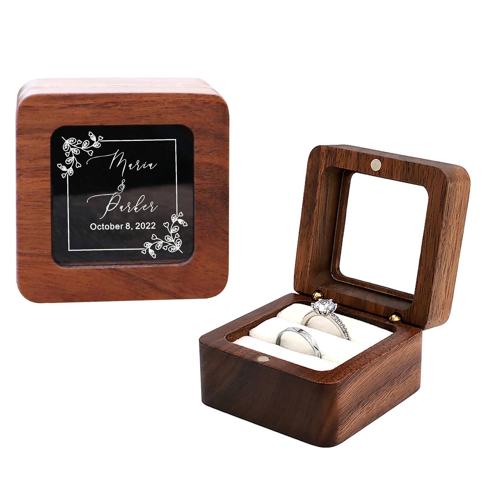 EIFLR Personalized Wooden Ring Box Wedding Day 2 and 3 Slots Custom Square Ring Boxes Ring Holder for Wedding Ceremony with Name & Date Engraved